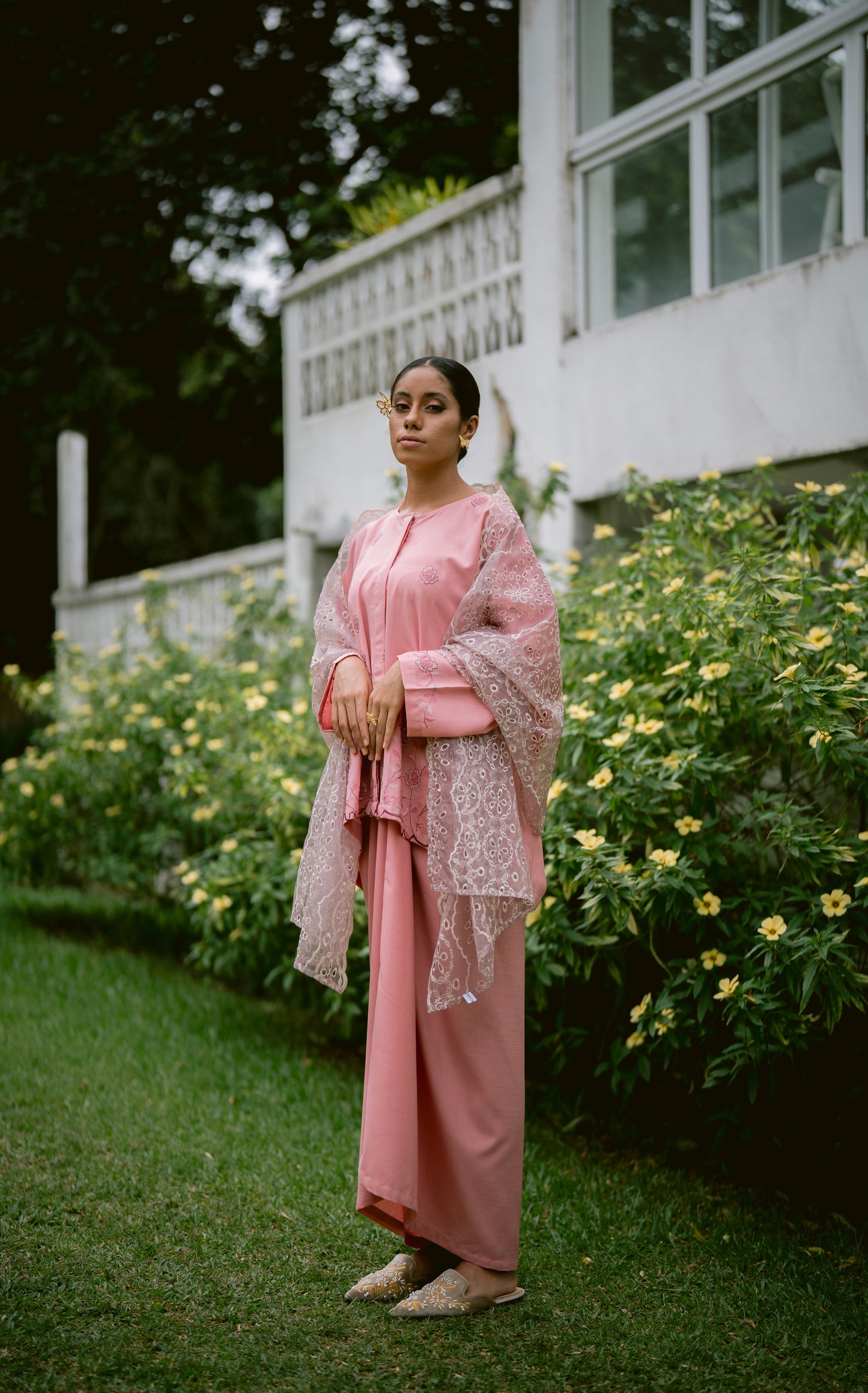 Indah Hand Embroidered Kurung Kedah Set in Navy Blue