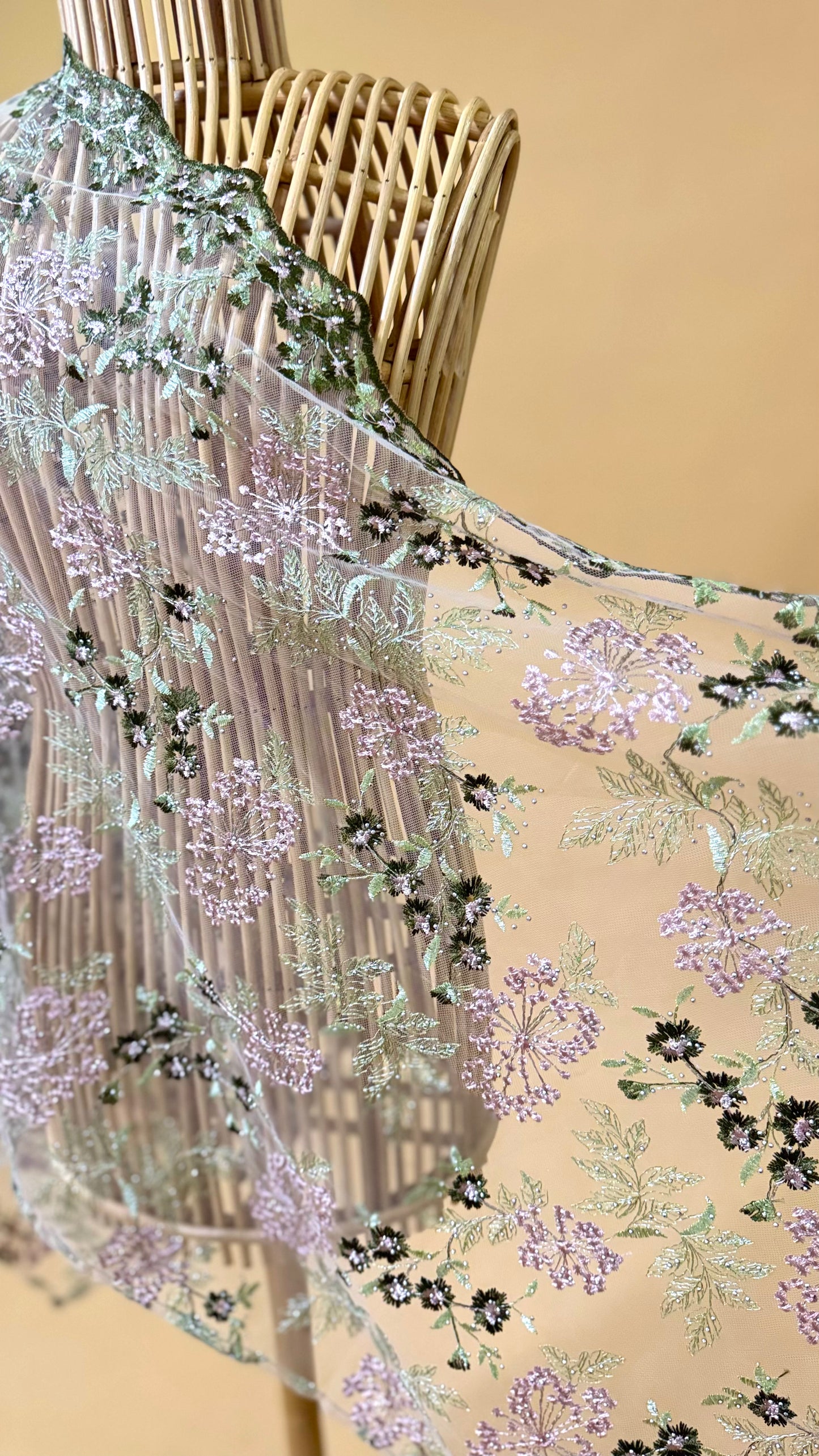 Purnama Bejewelled Selendang in Moss Green, Soft Sage & Pink