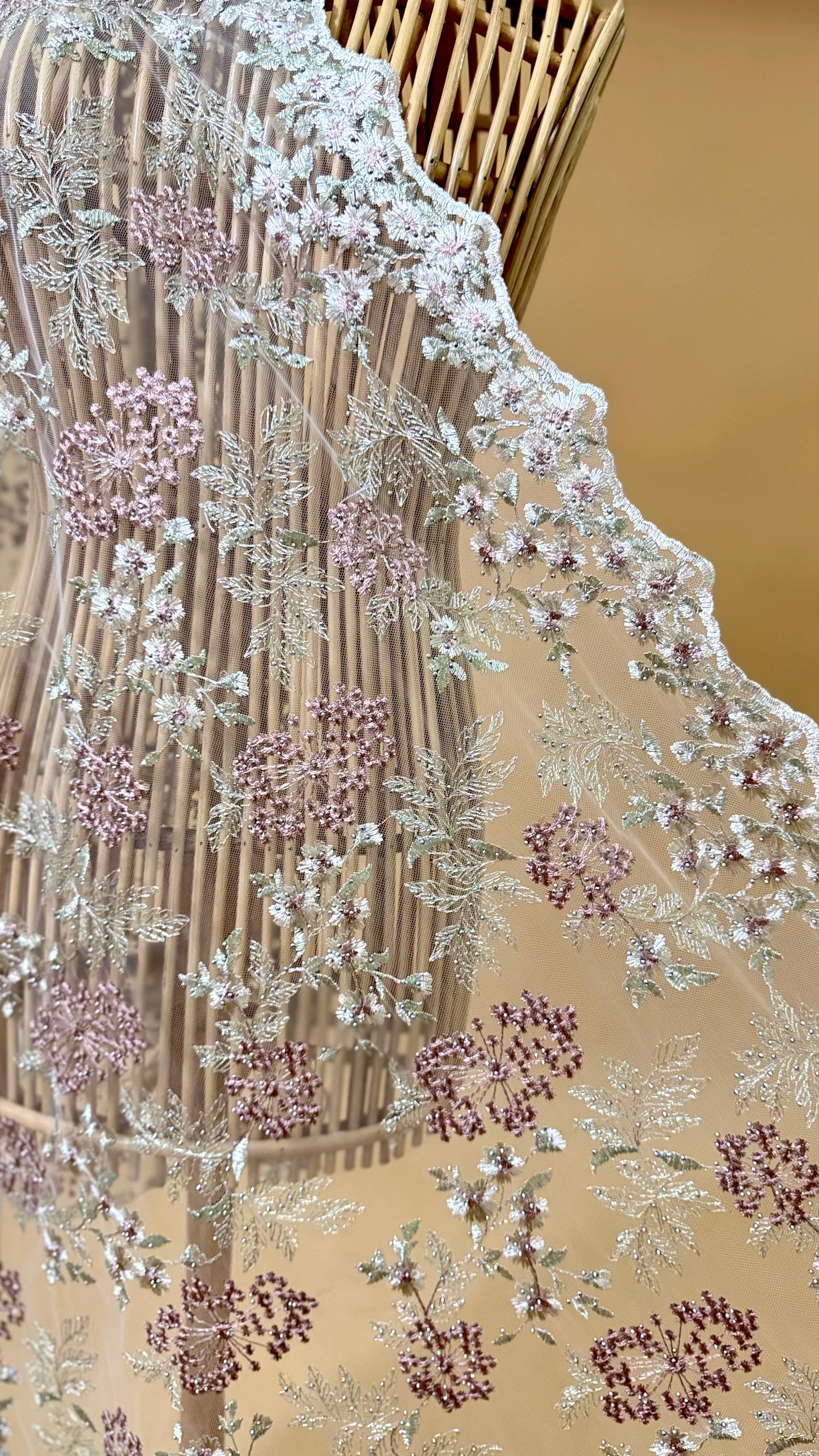 Purnama Bejewelled Selendang in Eggshell, Soft Sage Green & Pink