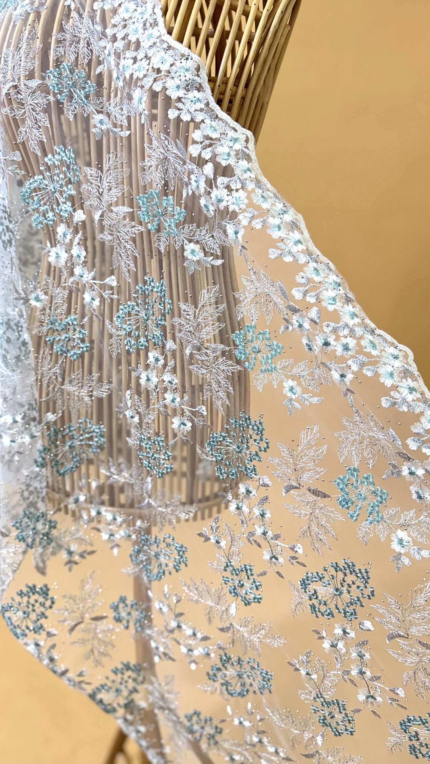 Purnama Bejewelled Selendang in Pearl White, Soft Aqua & Silver