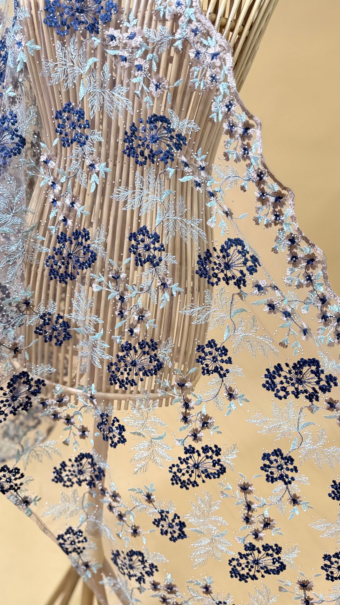 Purnama Bejewelled Selendang in Taupe, Navy Blue & Soft Aqua