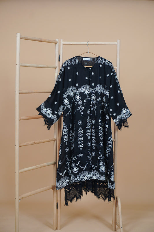Kasih Lace Kurung Top in Black with Ivory Embroidery