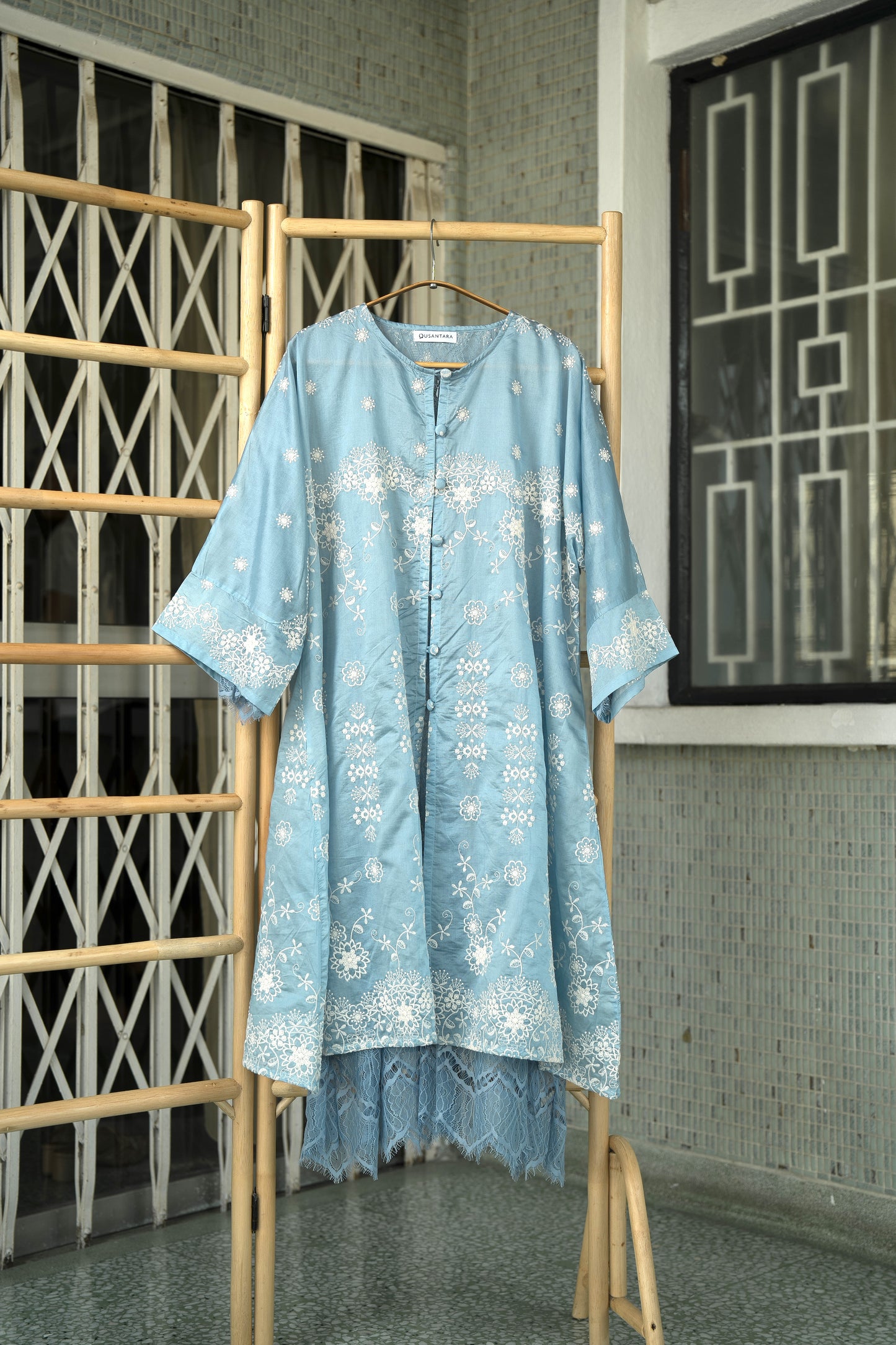 Kasih Lace Kurung Top in Soft Blue with Ivory Embroidery