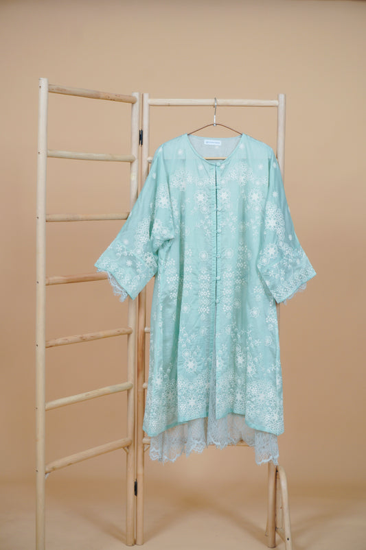 Kasih Lace Kurung Top in Soft Green with Ivory Embroidery