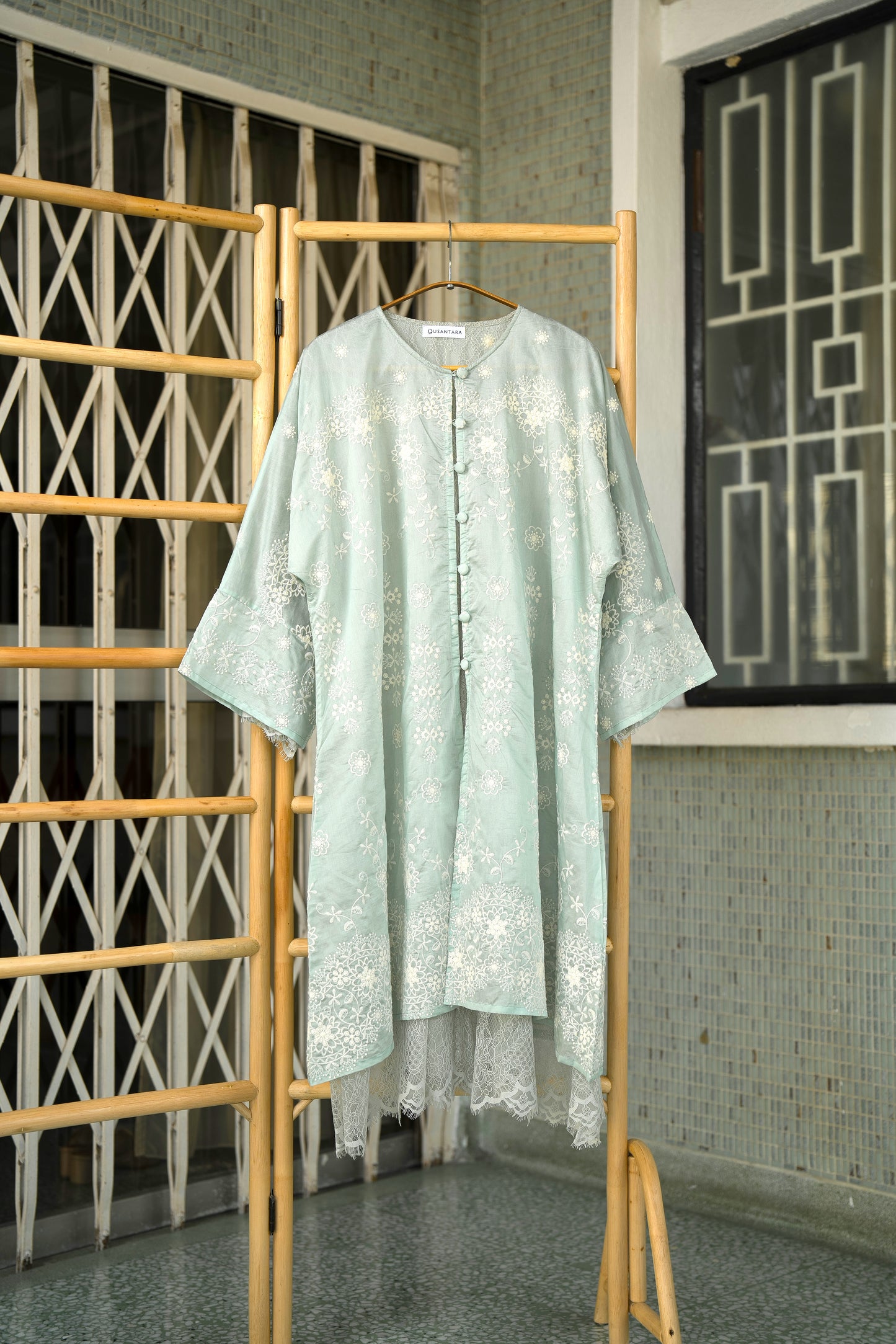 Kasih Lace Kurung Top in Soft Green with Ivory Embroidery
