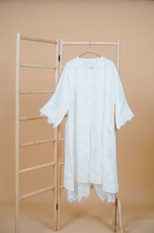 Kasih Lace Kurung Top in White with Ivory Embroidery