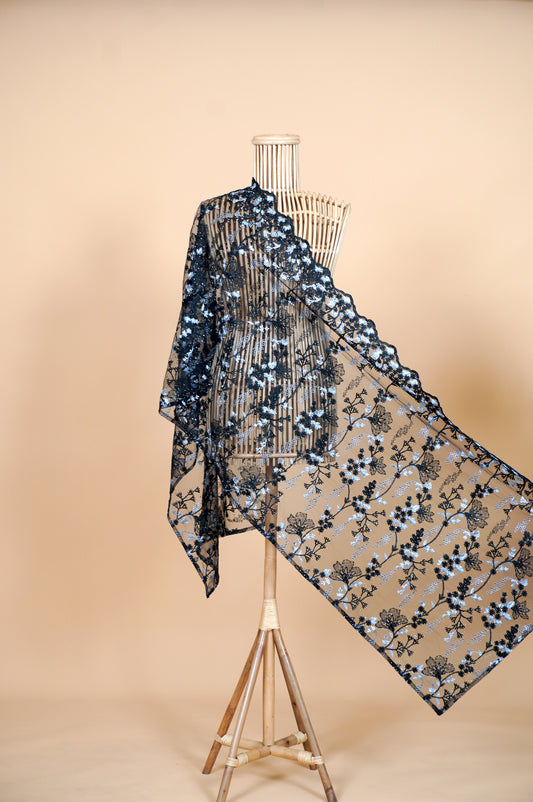 Purnama Bejewelled Selendang in Midnight Black & Pewter