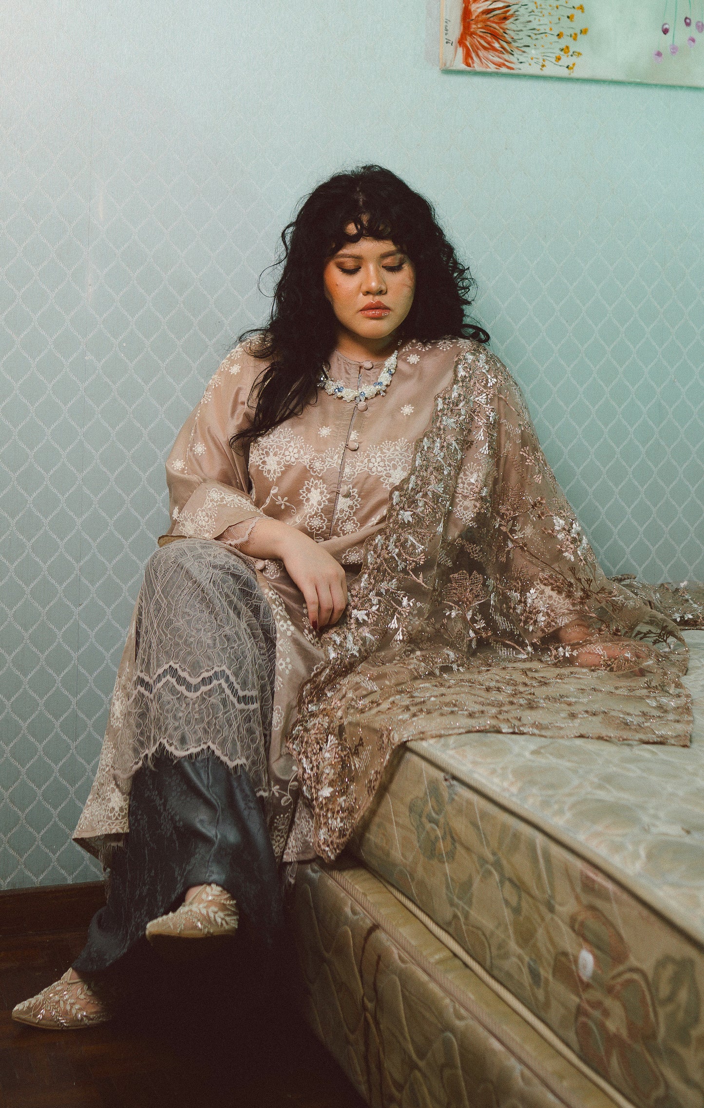 Kasih Lace Kurung Top in Soft Nude with Ivory Embroidery