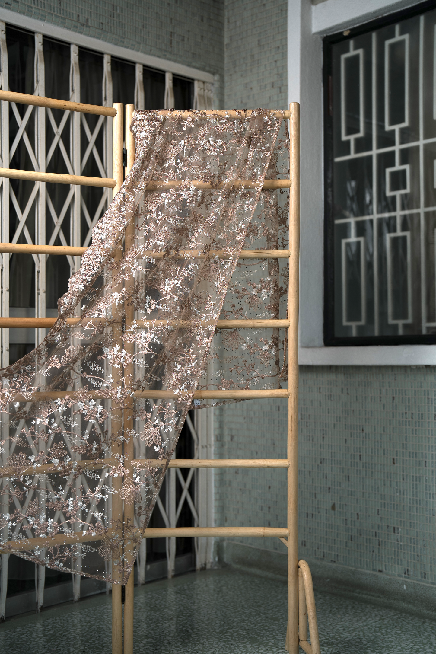Purnama Bejewelled Selendang in Soft Brown & Ivory