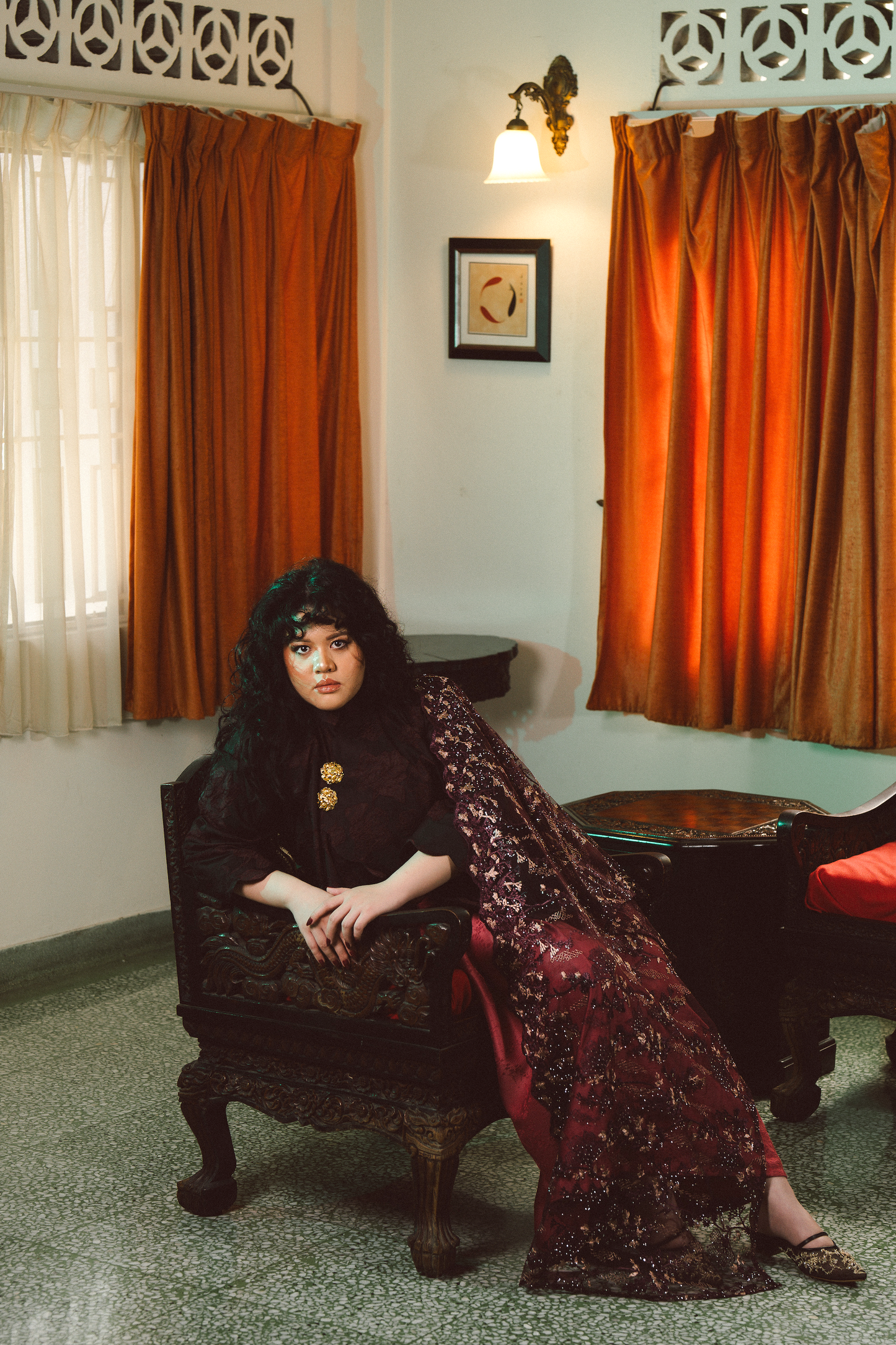 Purnama Bejewelled Selendang in Burgundy Plum & Champagne