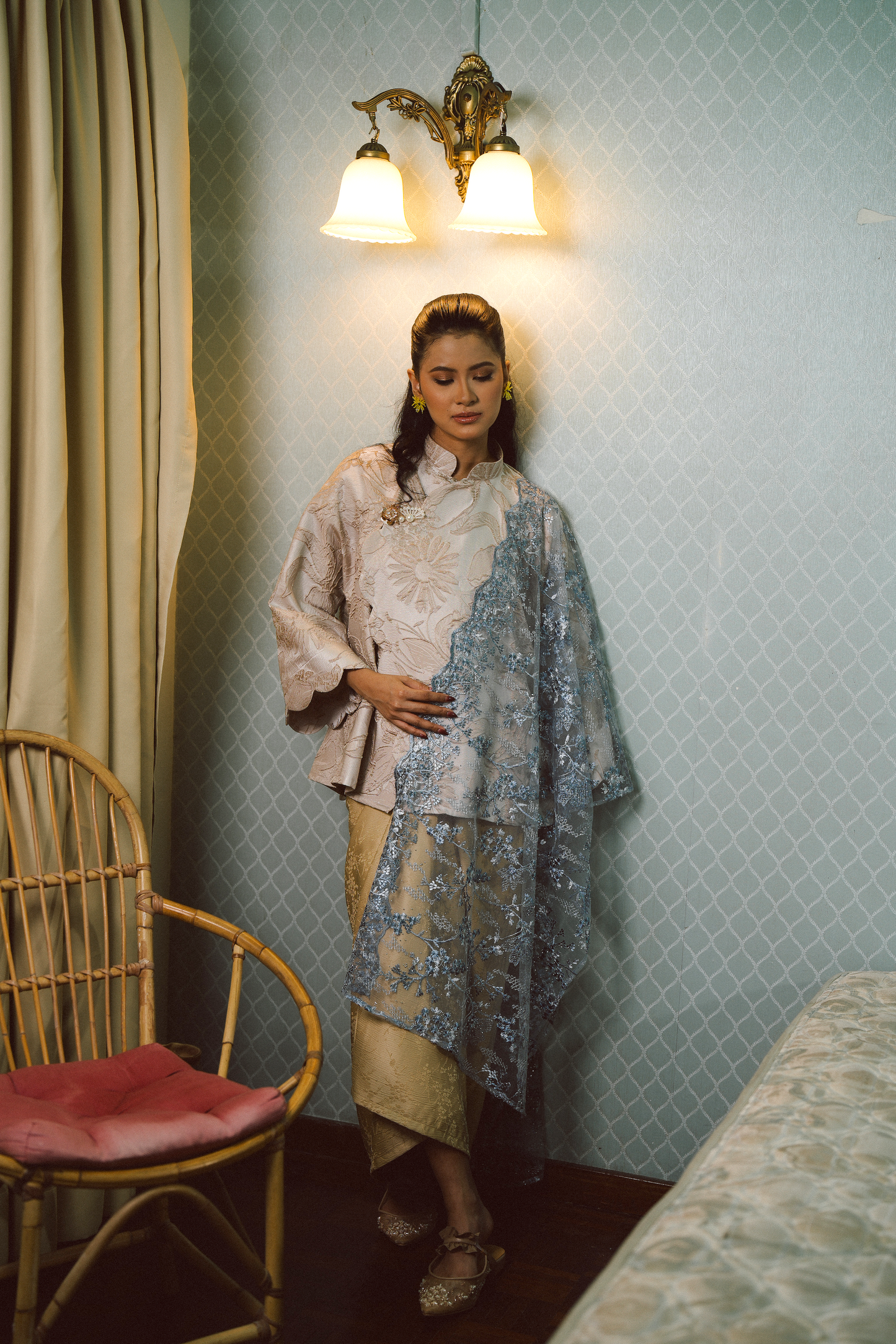 Purnama Bejewelled Selendang in Soft Blue & Pewter
