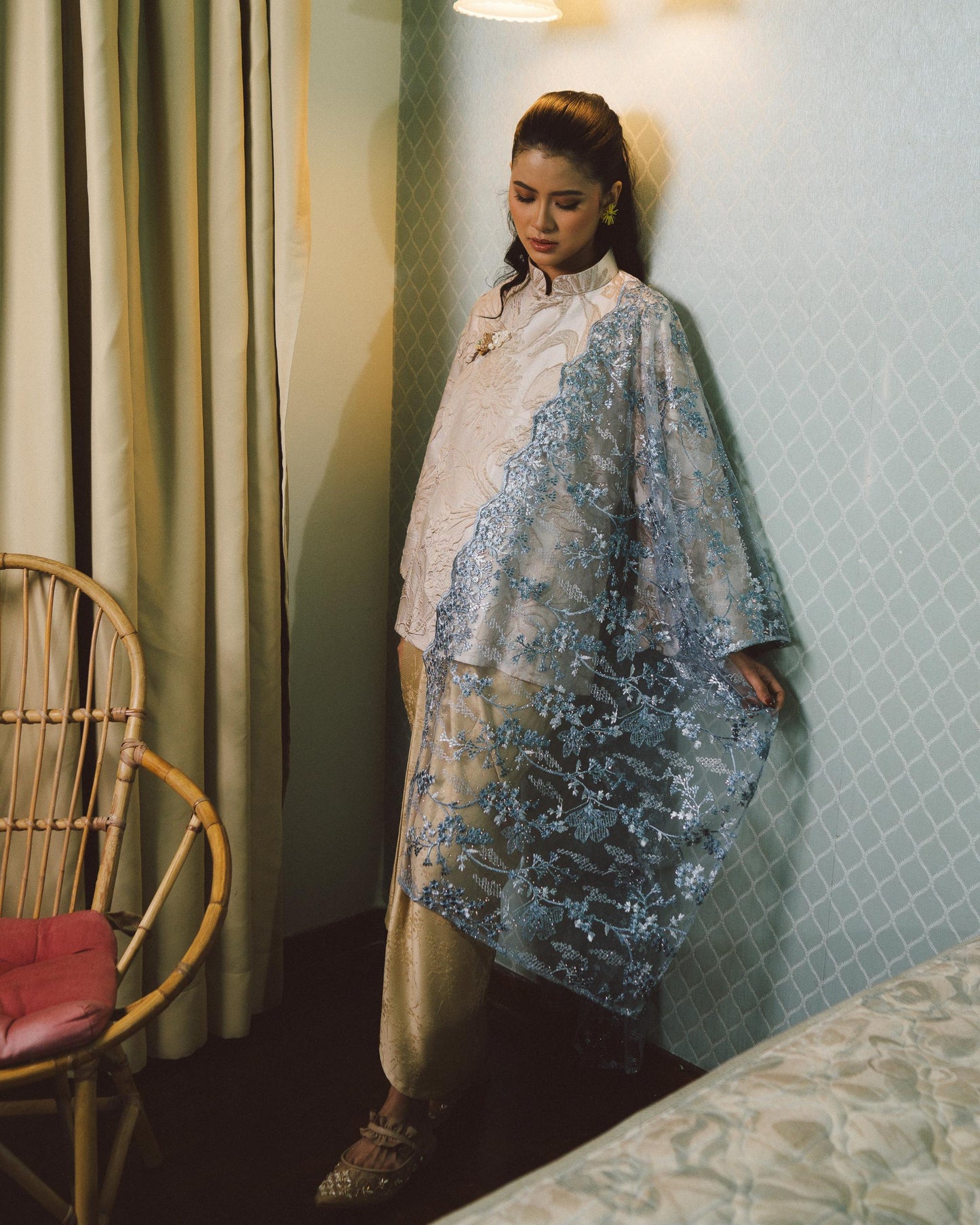 Purnama Bejewelled Selendang in Soft Blue & Pewter