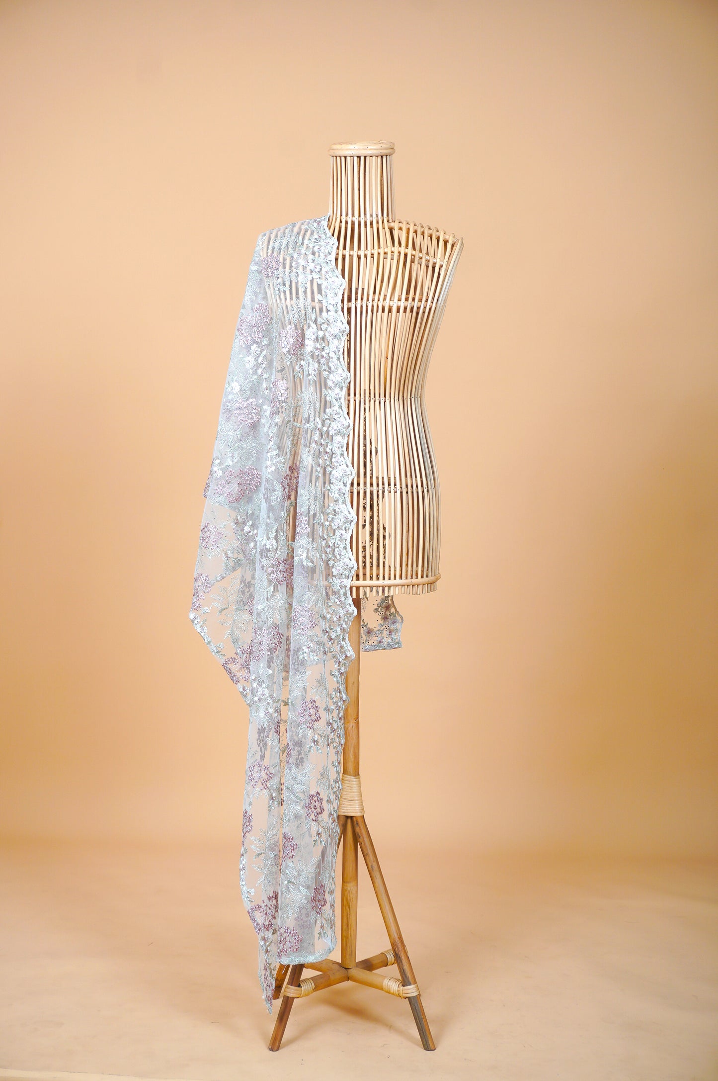 Purnama Bejewelled Selendang in Eggshell, Soft Sage Green & Pink