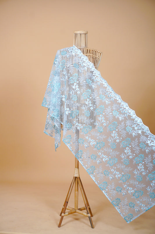 Purnama Bejewelled Selendang in Pearl White, Soft Aqua & Silver