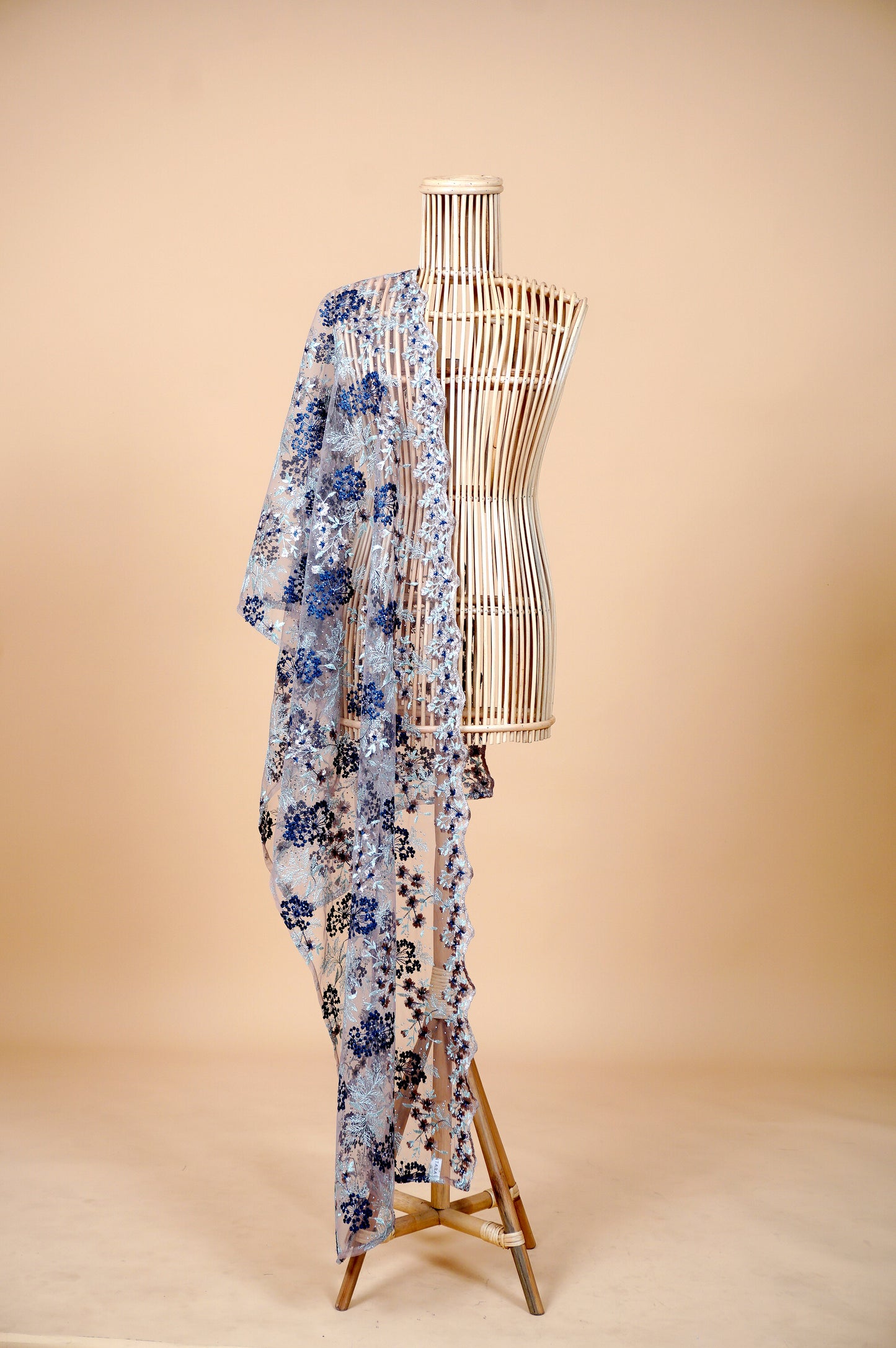 Purnama Bejewelled Selendang in Taupe, Navy Blue & Soft Aqua