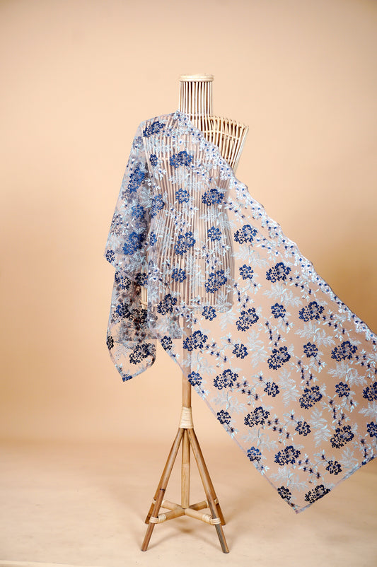 Purnama Bejewelled Selendang in Taupe, Navy Blue & Soft Aqua
